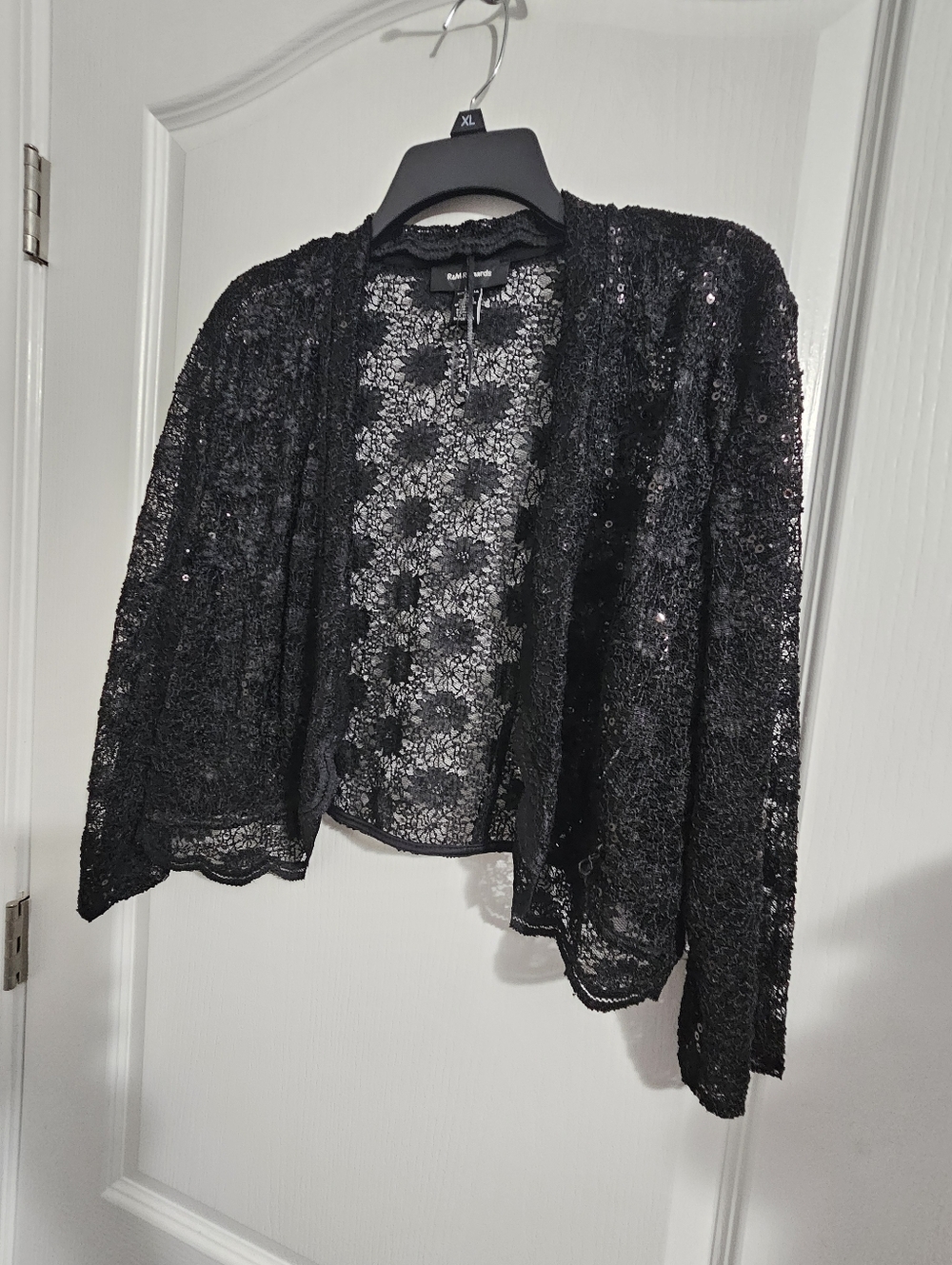 R & M Richards Womens Lace Sequin Shurg Open Cardigan Sweater Jacket Black XL